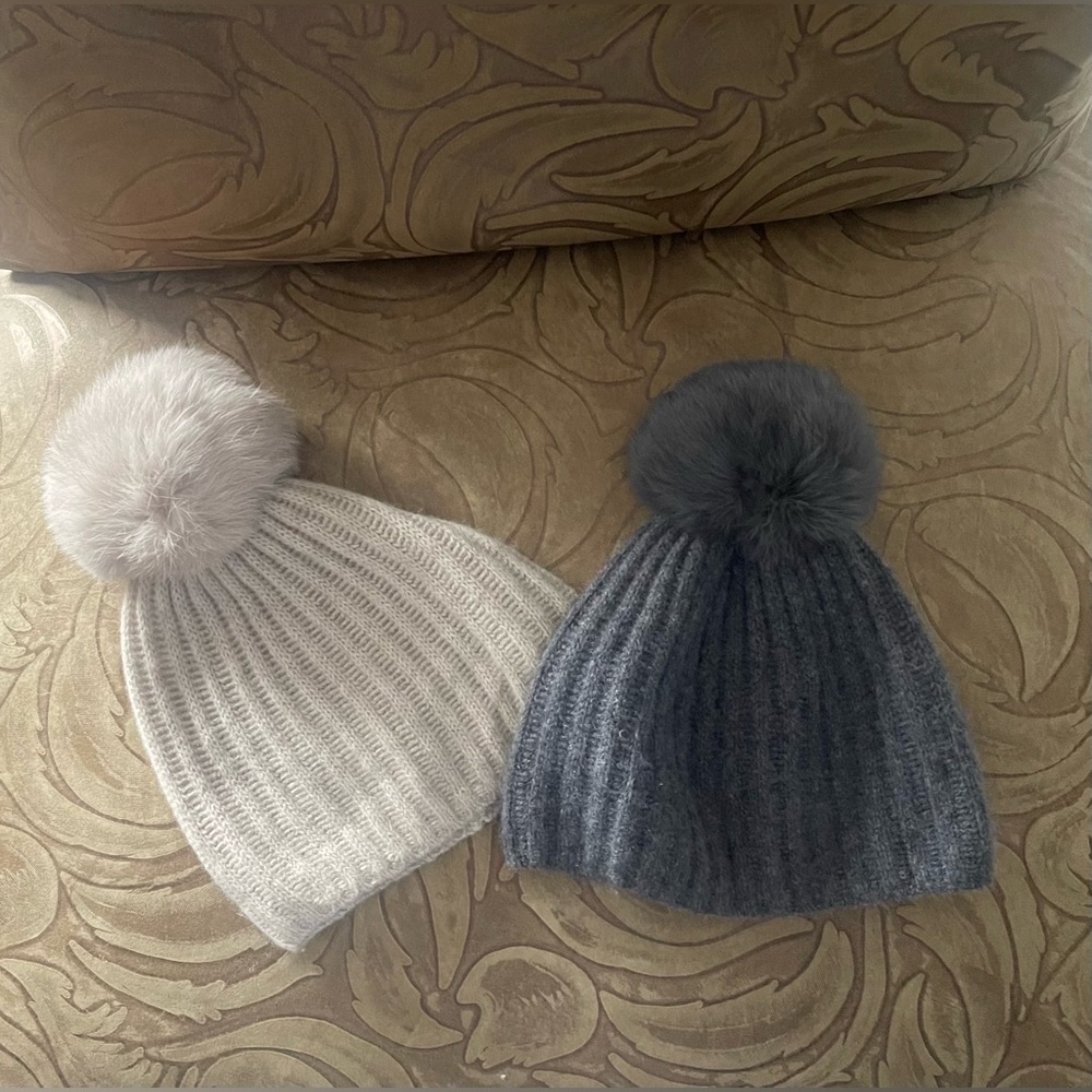 Like New Restoration Hardware Ribbed Cashmere Beanies-Fur Pom-Poms-Price Per Hat